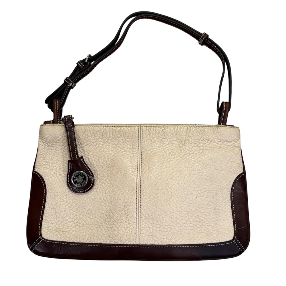Dooney & Bourke Cream Pebbled Leather Shoulder Bag Brown Trim Zip Top